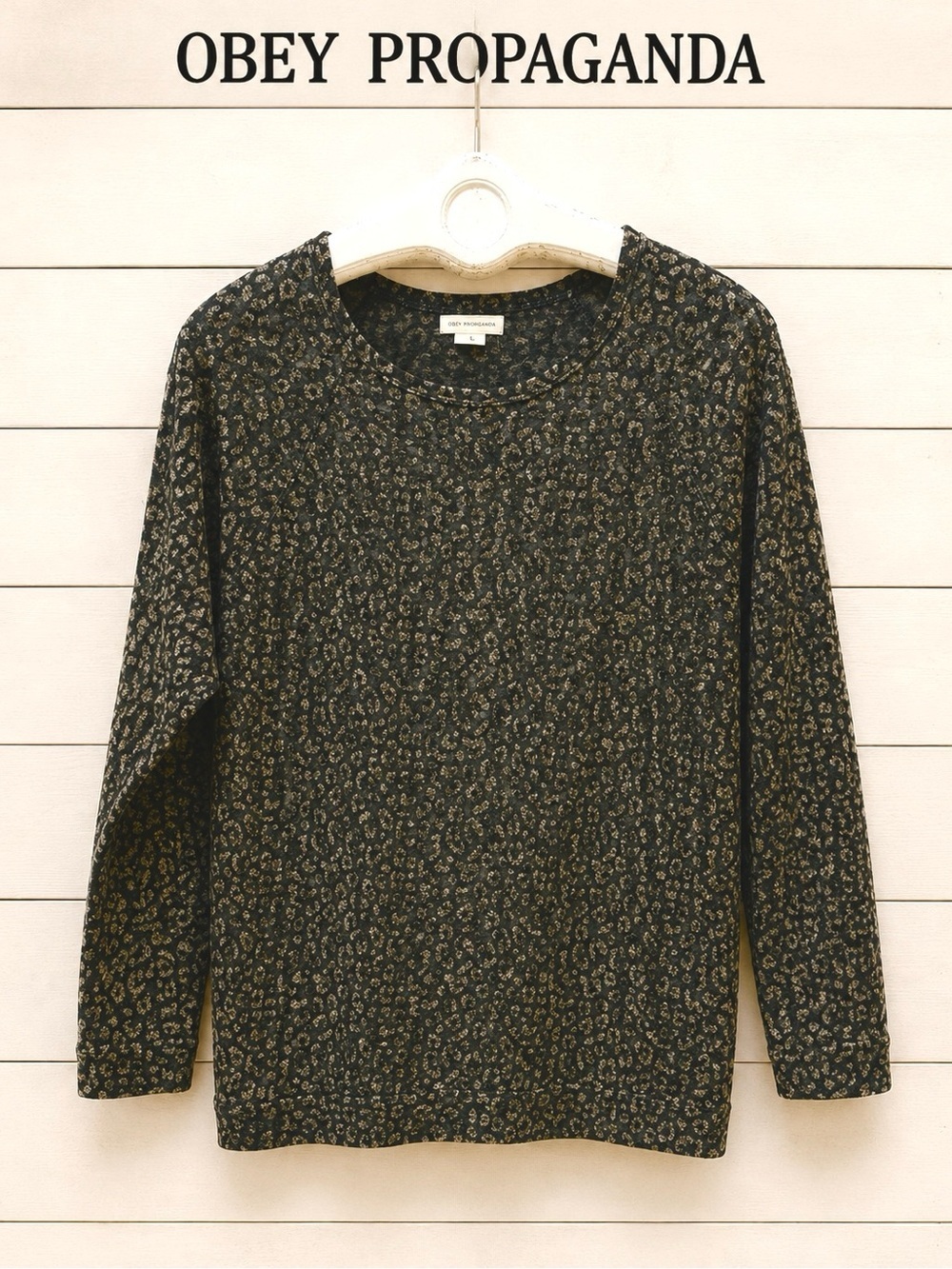 OBEY PROPAGANDA Leopard Print Long Sleeve Top – Size M – Grey/Black